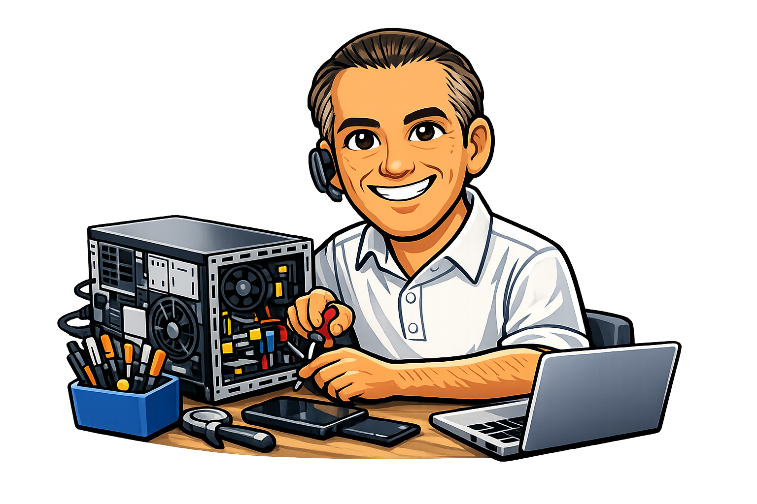 Computer technician at work desk, doing pc troubleshooting, service, and computer repair.