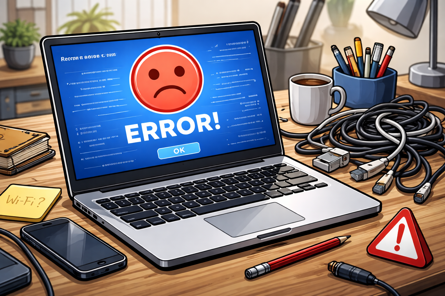 Laptop screen displaying an error message, signaling a repair service is needed.